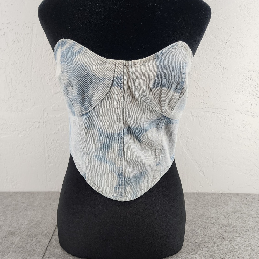 Stella Dallas Blue Acid Wash Denim Corset Bustier Top Medium Strapless Y2K Top